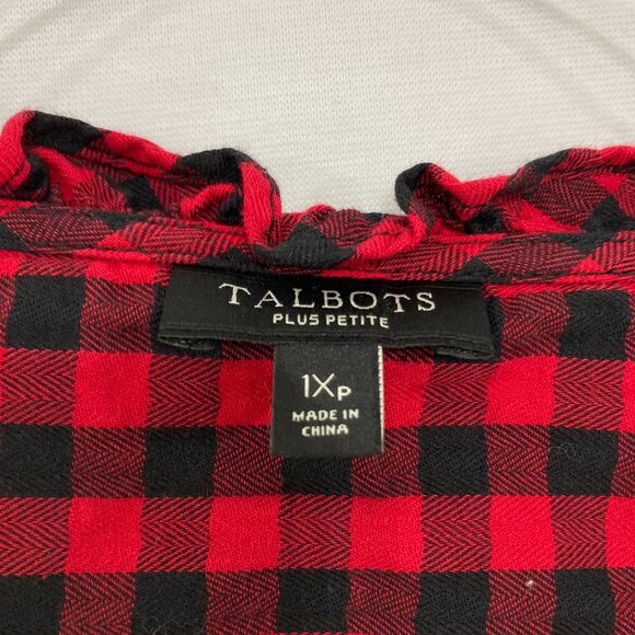 Talbots size 1X Petite Red Black Gingham Plaid Cotton Preppy Button Down - Picture 2 of 9
